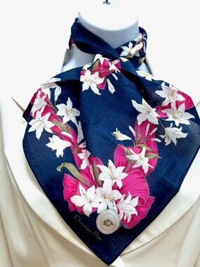 Unused-Christian Dor  Neck-kerchief cotton made 18.5" white blue pink floral(83